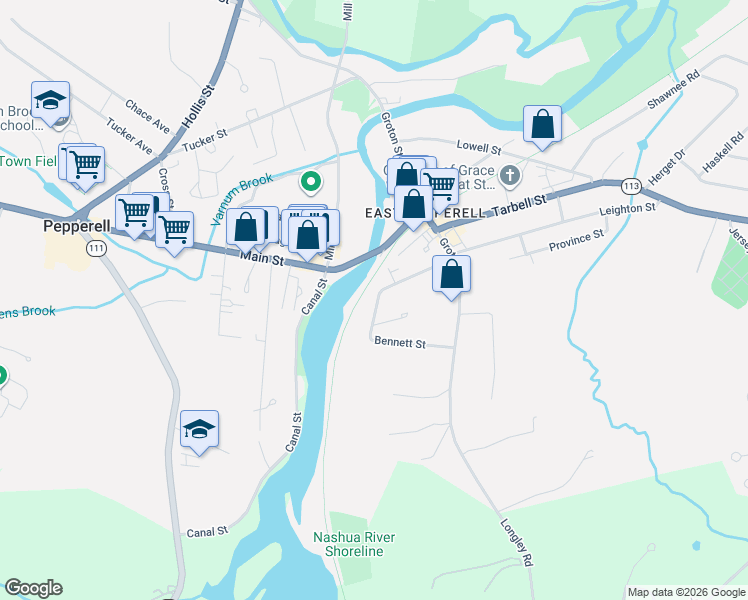 map of restaurants, bars, coffee shops, grocery stores, and more near 19-21 Prospect Street in Pepperell