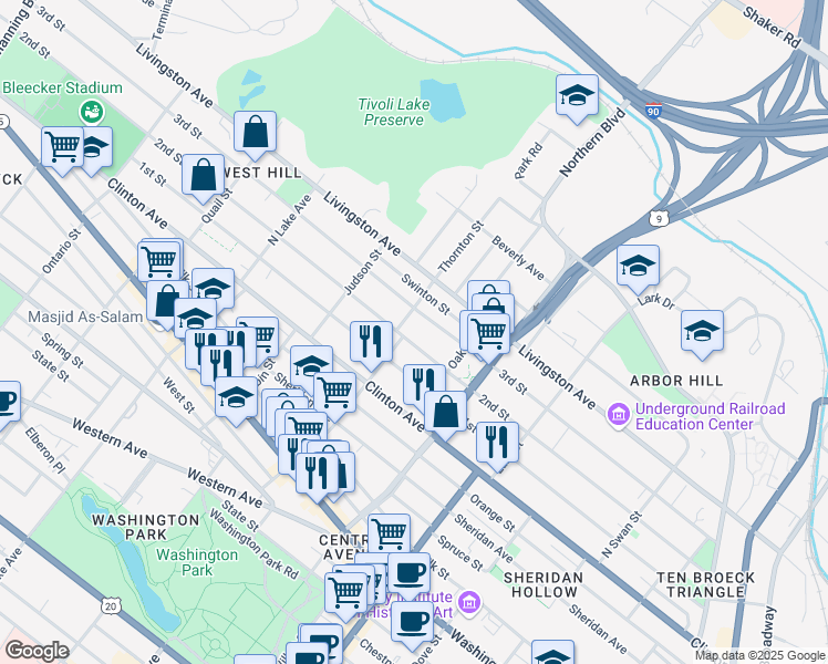 map of restaurants, bars, coffee shops, grocery stores, and more near 16 Thornton Street in Albany