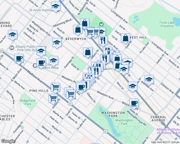 map of restaurants, bars, coffee shops, grocery stores, and more near 182 Ontario Street in Albany
