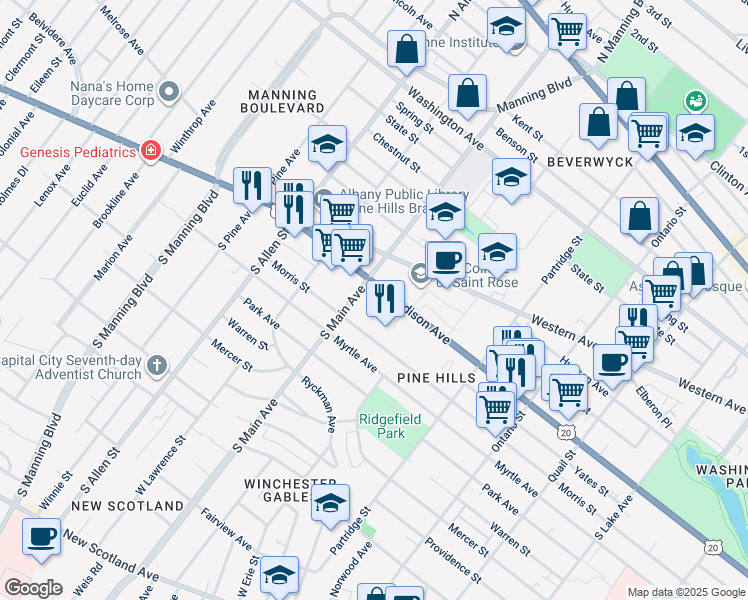 map of restaurants, bars, coffee shops, grocery stores, and more near 1015 Madison Avenue in Albany