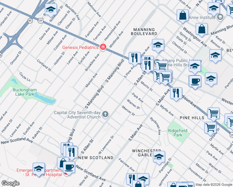 map of restaurants, bars, coffee shops, grocery stores, and more near 94 South Pine Avenue in Albany