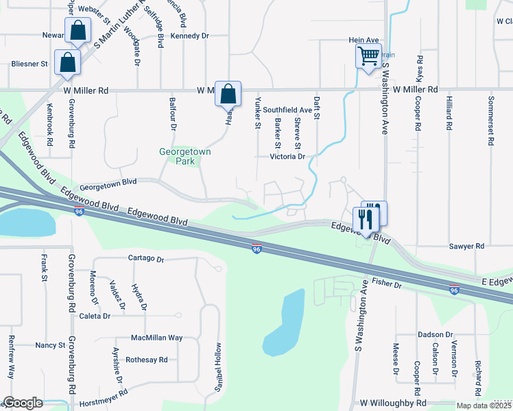 map of restaurants, bars, coffee shops, grocery stores, and more near 1400 Georgetown Boulevard in Lansing