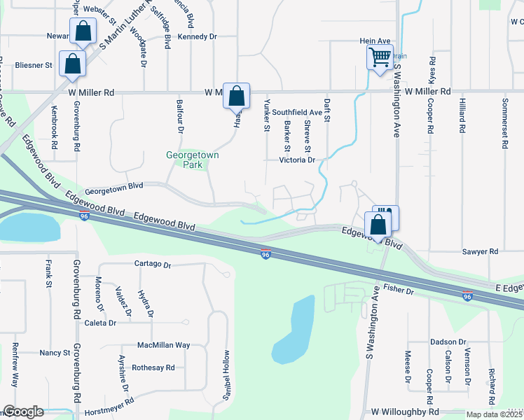 map of restaurants, bars, coffee shops, grocery stores, and more near 1400 Georgetown Boulevard in Lansing