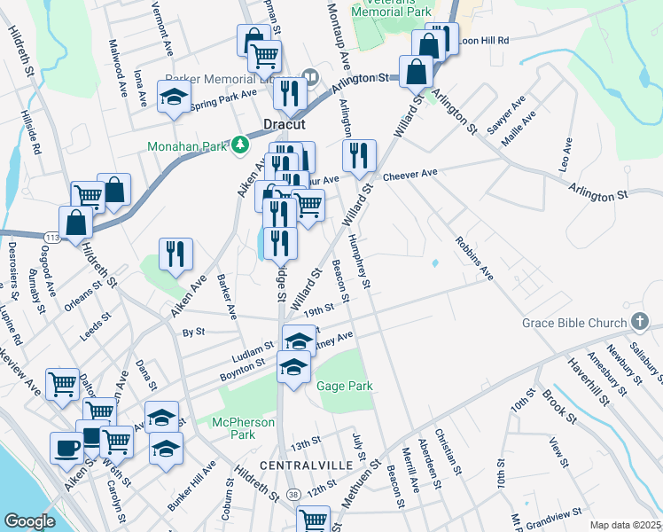 map of restaurants, bars, coffee shops, grocery stores, and more near in Lowell