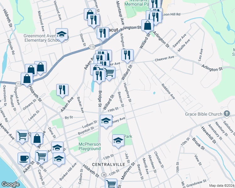 map of restaurants, bars, coffee shops, grocery stores, and more near 678 Beacon Street in Lowell