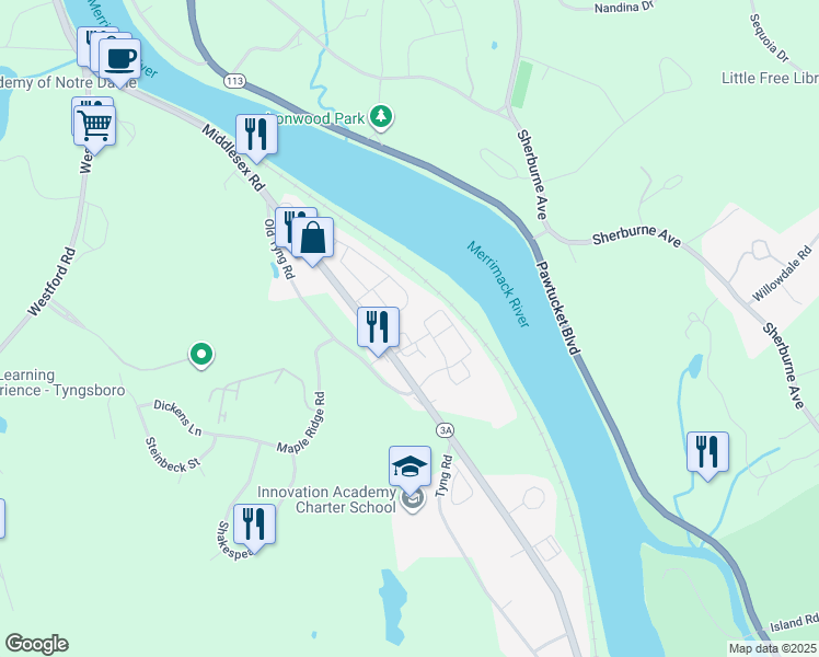 map of restaurants, bars, coffee shops, grocery stores, and more near 17 Caroline Way in Tyngsborough