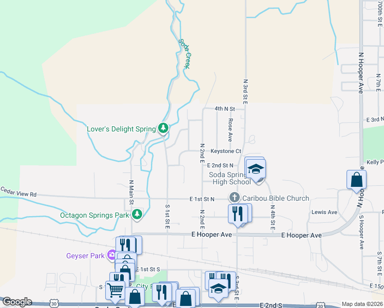 map of restaurants, bars, coffee shops, grocery stores, and more near 310 Monsanto Boulevard in Soda Springs