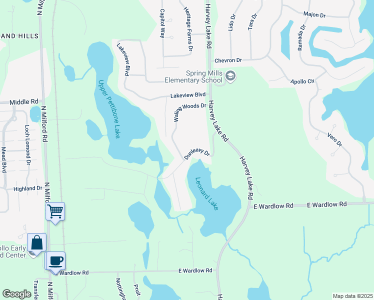 map of restaurants, bars, coffee shops, grocery stores, and more near 2754 Dunleavy Court in Highland Charter Township