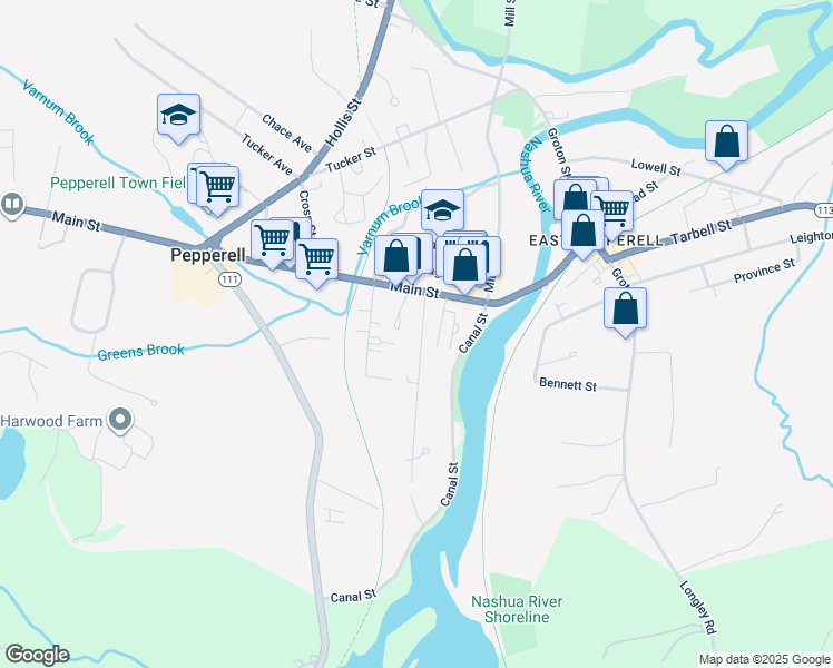 map of restaurants, bars, coffee shops, grocery stores, and more near 11 High Street in Pepperell