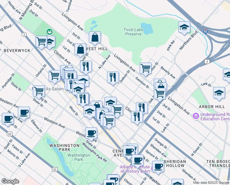 map of restaurants, bars, coffee shops, grocery stores, and more near 19 Judson Street in Albany