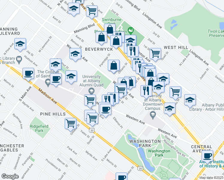 map of restaurants, bars, coffee shops, grocery stores, and more near 188 Spring Street in Albany