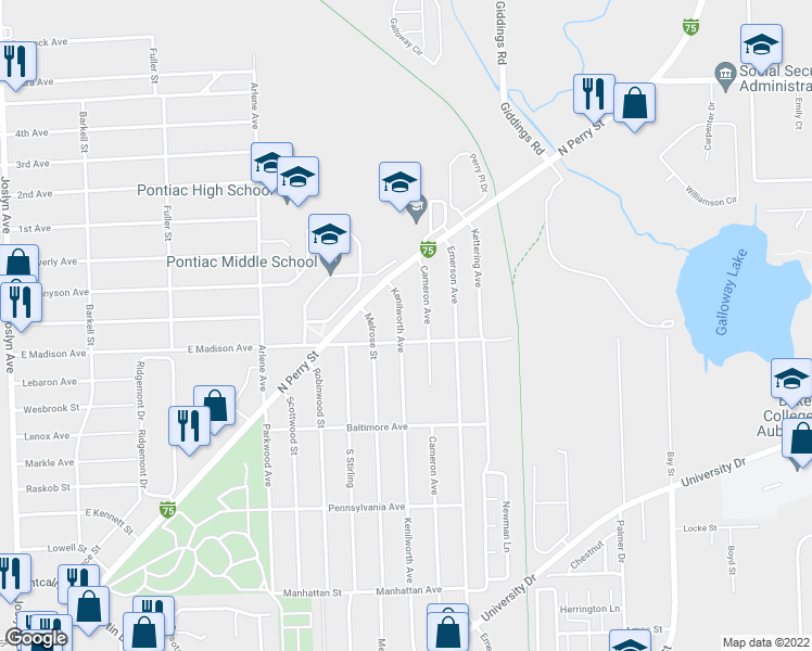 map of restaurants, bars, coffee shops, grocery stores, and more near 936 Kenilworth Avenue in Pontiac
