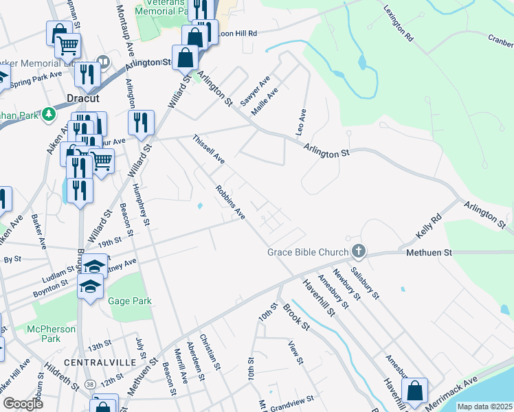 map of restaurants, bars, coffee shops, grocery stores, and more near 120 Thissell Avenue in Dracut