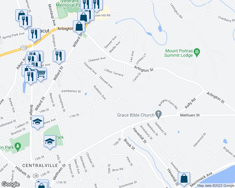 map of restaurants, bars, coffee shops, grocery stores, and more near 120 Thissell Avenue in Dracut