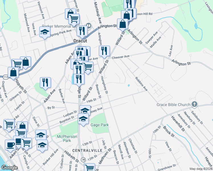 map of restaurants, bars, coffee shops, grocery stores, and more near 241 Humphrey Street in Lowell