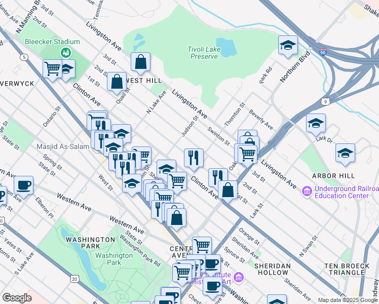 map of restaurants, bars, coffee shops, grocery stores, and more near 305 2nd Street in Albany