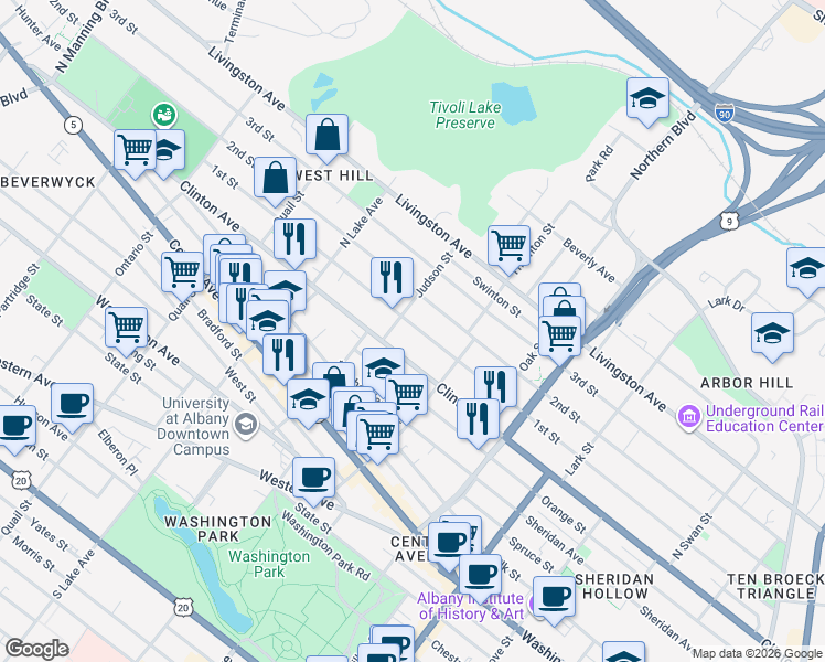 map of restaurants, bars, coffee shops, grocery stores, and more near 19 Judson Street in Albany
