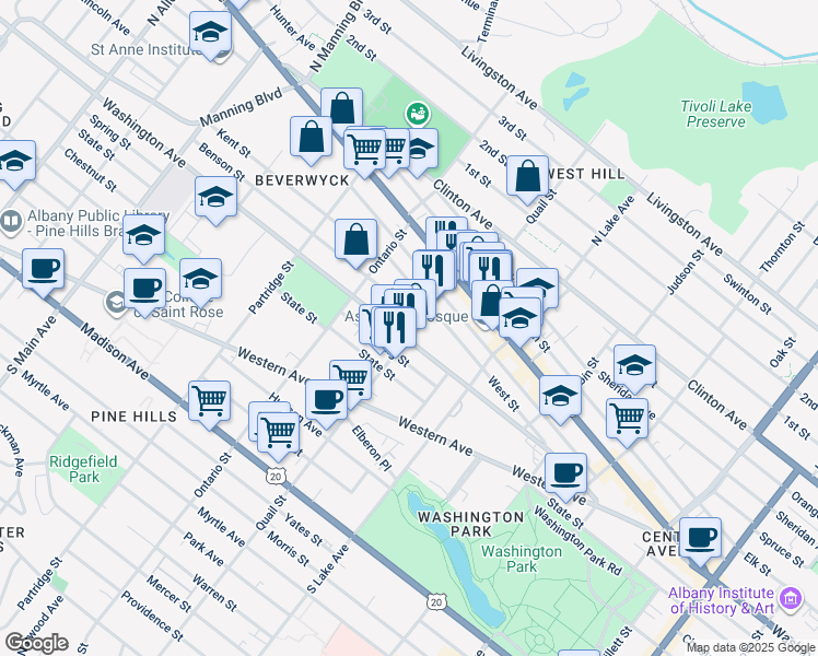 map of restaurants, bars, coffee shops, grocery stores, and more near 133 Quail Street in Albany