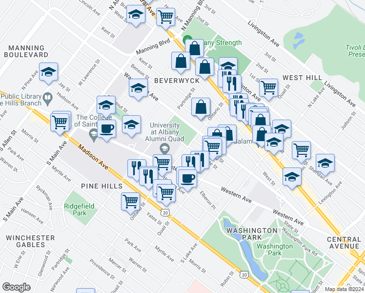 map of restaurants, bars, coffee shops, grocery stores, and more near 203 Ontario Street in Albany