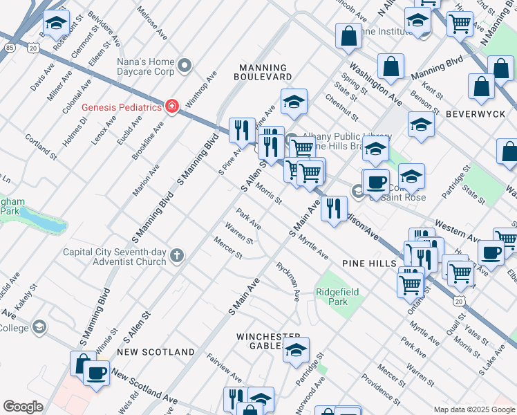 map of restaurants, bars, coffee shops, grocery stores, and more near 726 Morris Street in Albany