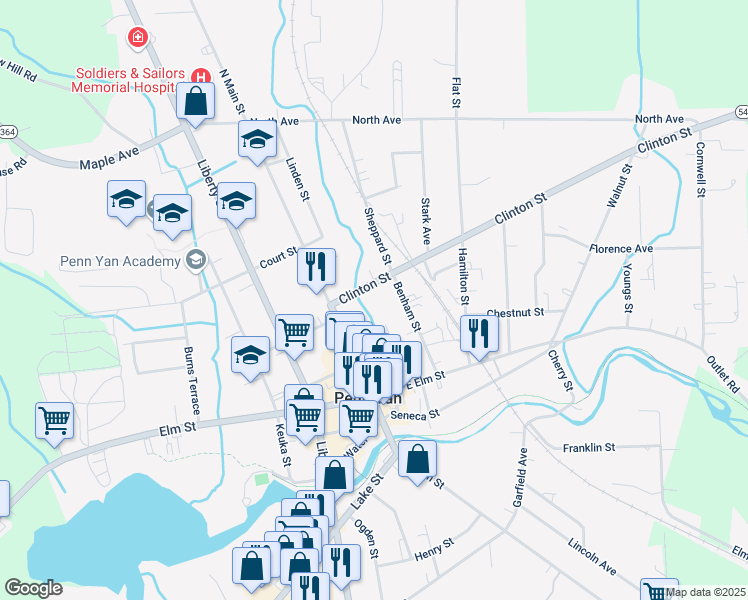 map of restaurants, bars, coffee shops, grocery stores, and more near 125 Clinton Street in Penn Yan