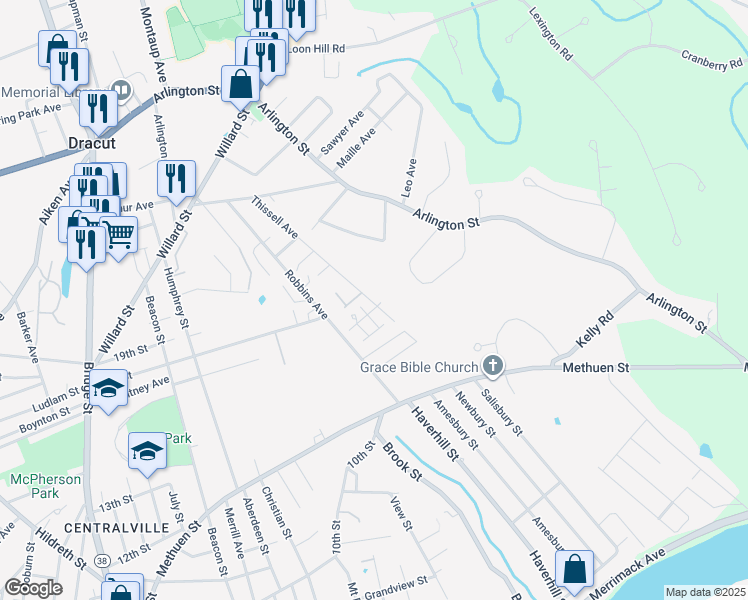 map of restaurants, bars, coffee shops, grocery stores, and more near 11 Carle Drive in Dracut