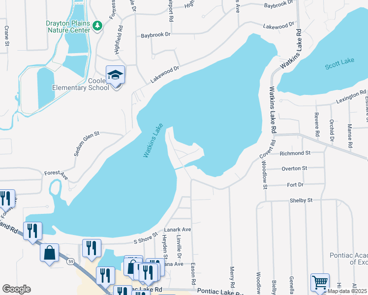 map of restaurants, bars, coffee shops, grocery stores, and more near 4030 Lark Avenue in Waterford Township