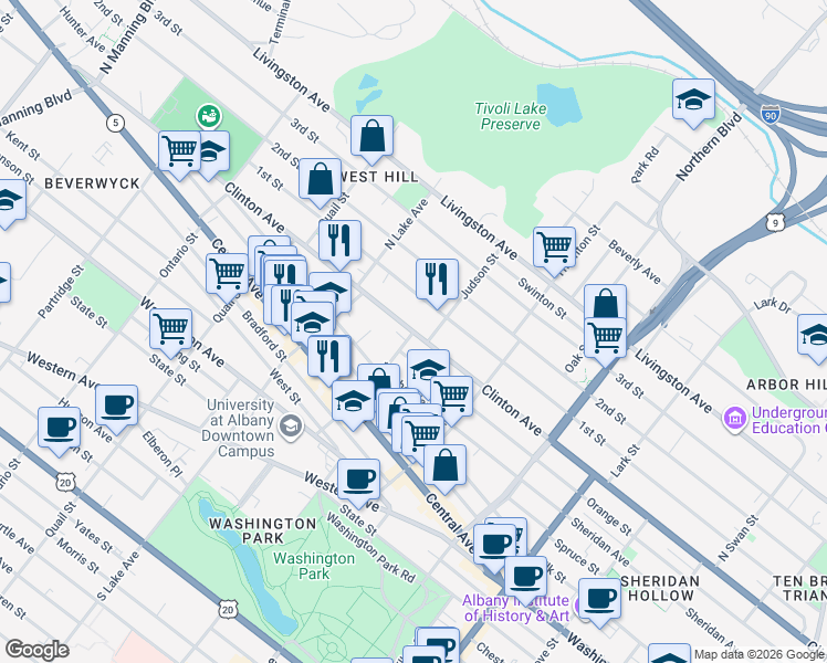 map of restaurants, bars, coffee shops, grocery stores, and more near Clinton Avenue in Albany
