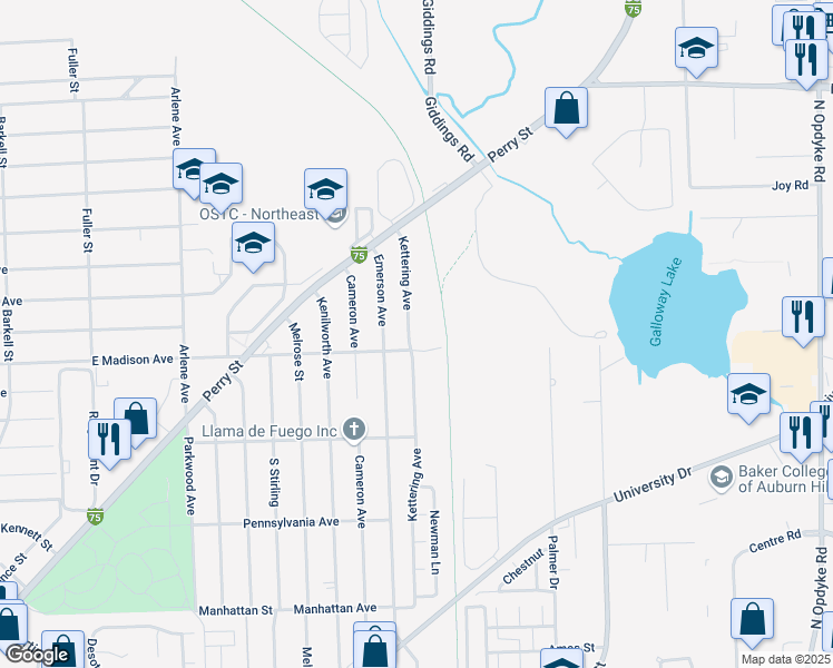 map of restaurants, bars, coffee shops, grocery stores, and more near 940 Kettering Avenue in Pontiac