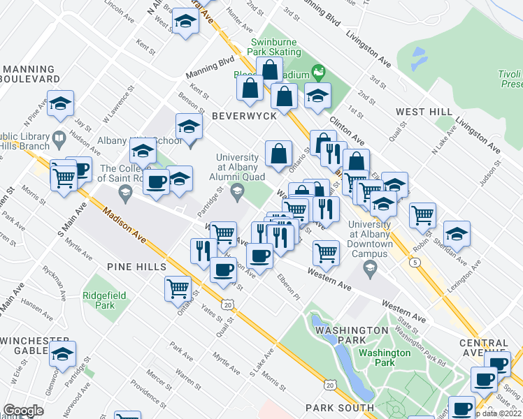 map of restaurants, bars, coffee shops, grocery stores, and more near State St & Ontario St in Albany