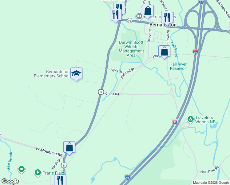 map of restaurants, bars, coffee shops, grocery stores, and more near 20 Cross Road in Bernardston