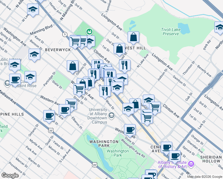 map of restaurants, bars, coffee shops, grocery stores, and more near 283 Central Avenue in Albany