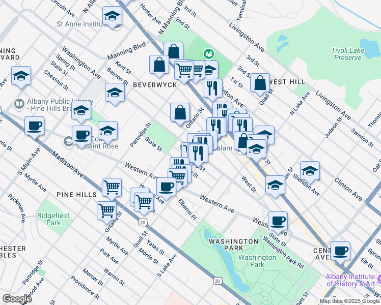 map of restaurants, bars, coffee shops, grocery stores, and more near 542 Washington Avenue in Albany