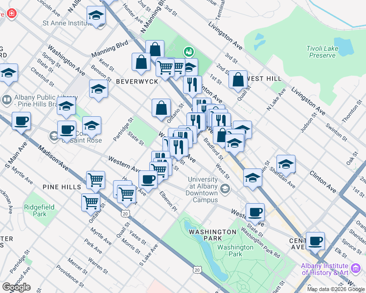 map of restaurants, bars, coffee shops, grocery stores, and more near 537 Washington Avenue in Albany