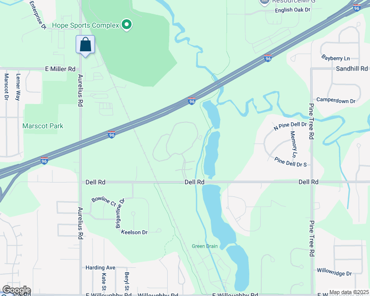 map of restaurants, bars, coffee shops, grocery stores, and more near 4320 Dell Road in Lansing