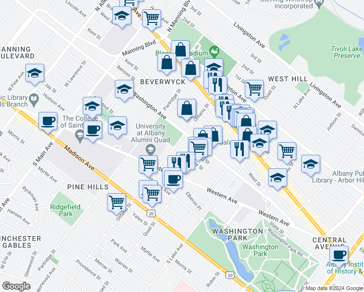 map of restaurants, bars, coffee shops, grocery stores, and more near 190 Spring Street in Albany