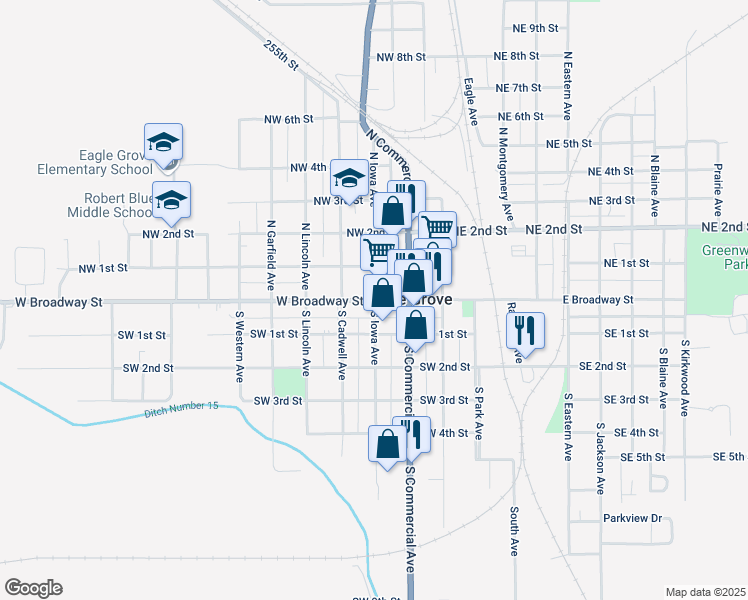 map of restaurants, bars, coffee shops, grocery stores, and more near 401 West Broadway Street in Eagle Grove