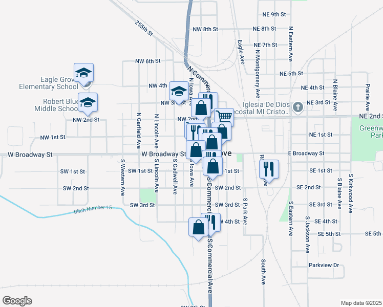 map of restaurants, bars, coffee shops, grocery stores, and more near 401 West Broadway Street in Eagle Grove