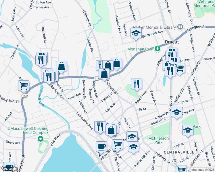 map of restaurants, bars, coffee shops, grocery stores, and more near 286 Pleasant Street in Dracut