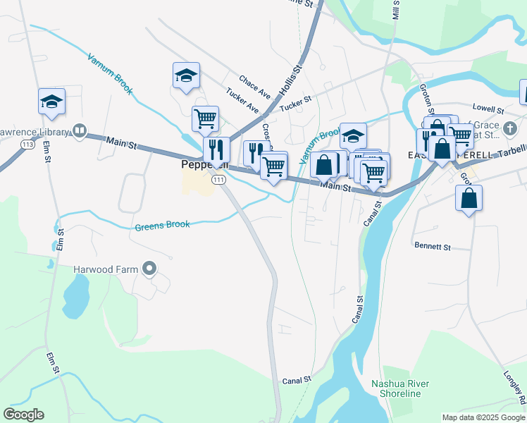 map of restaurants, bars, coffee shops, grocery stores, and more near 73-79 Main Street in Pepperell