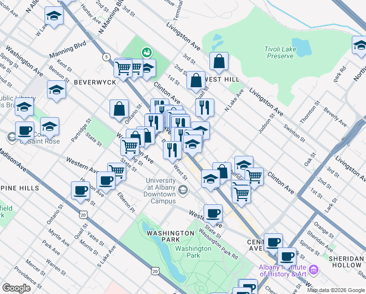 map of restaurants, bars, coffee shops, grocery stores, and more near 289 Central Avenue in Albany