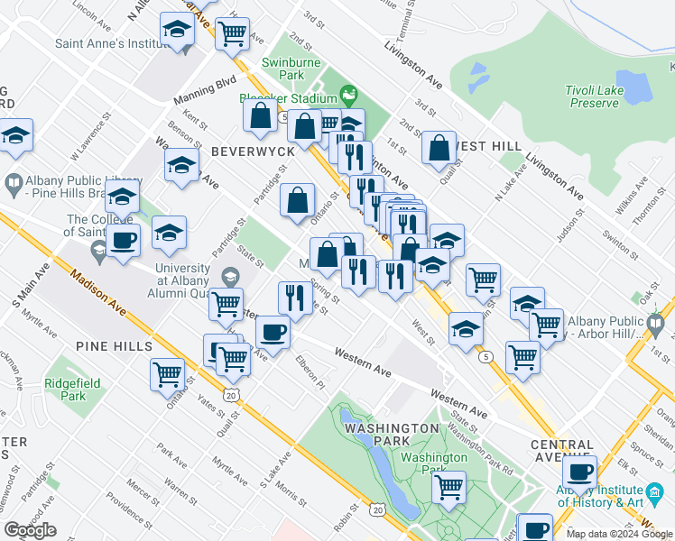 map of restaurants, bars, coffee shops, grocery stores, and more near 537 Washington Avenue in Albany