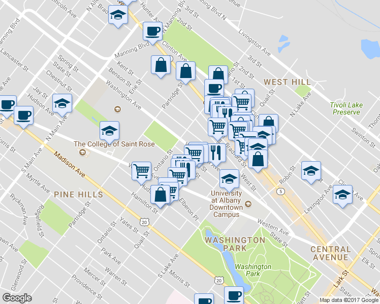 map of restaurants, bars, coffee shops, grocery stores, and more near 537 Washington Avenue in Albany