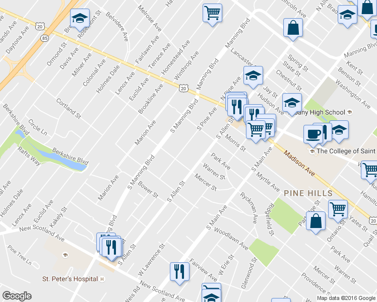 map of restaurants, bars, coffee shops, grocery stores, and more near 73 South Pine Avenue in Albany