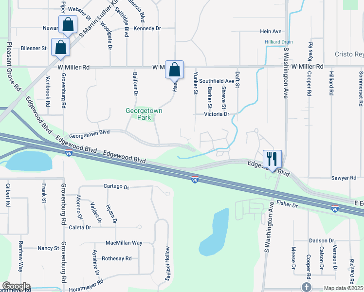 map of restaurants, bars, coffee shops, grocery stores, and more near 1400 Georgetown Boulevard in Lansing