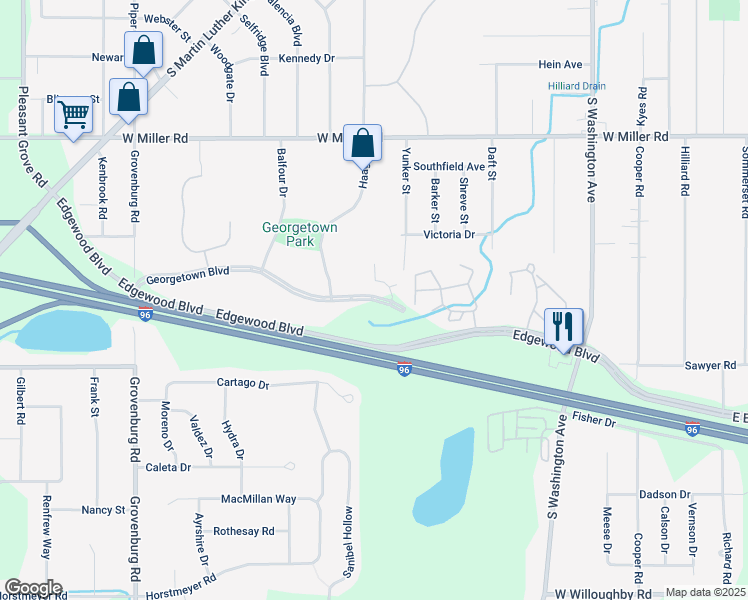 map of restaurants, bars, coffee shops, grocery stores, and more near 1512 Georgetown Boulevard in Lansing