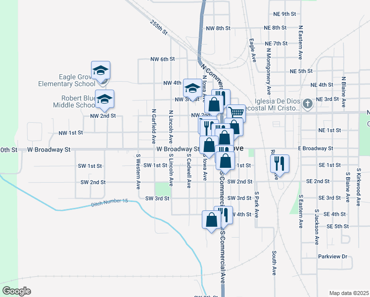 map of restaurants, bars, coffee shops, grocery stores, and more near 101-199 North Cadwell Avenue in Eagle Grove