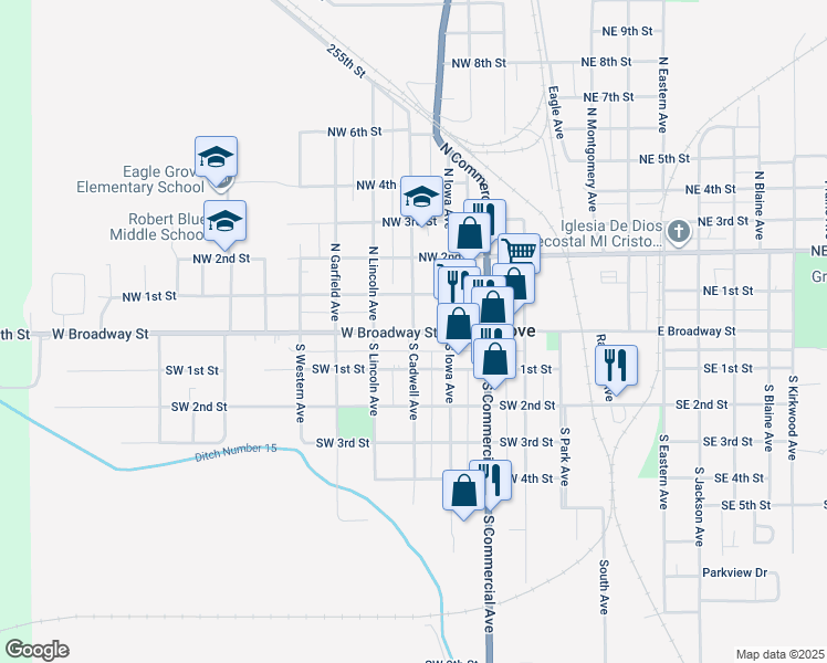 map of restaurants, bars, coffee shops, grocery stores, and more near 101 North Cadwell Avenue in Eagle Grove