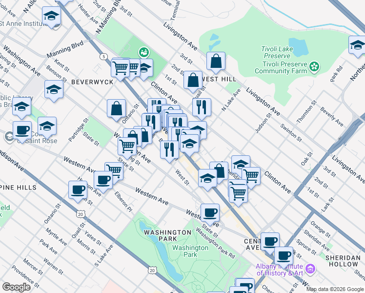map of restaurants, bars, coffee shops, grocery stores, and more near 283 Central Avenue in Albany