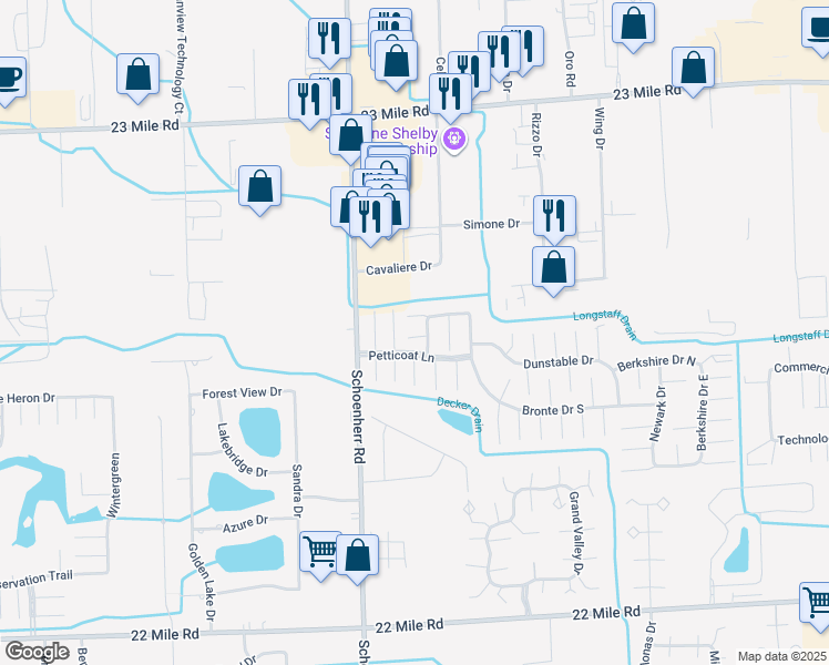 map of restaurants, bars, coffee shops, grocery stores, and more near 13784 Hyde Court in Macomb County